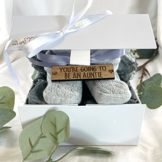Guess What' Booties - Grey & Gift Boxed - "You're Going to Be..." - An Auntie