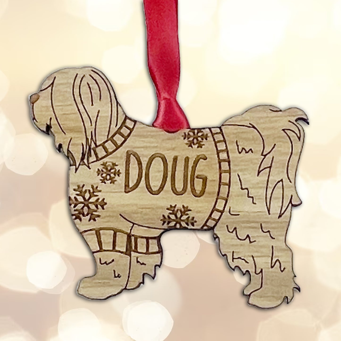 Personalised Tibetan Terrier Bauble Jumper Dog Bauble - Oak Veneer Wood - Add any name