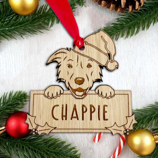 Personalised Border Collie Dog Bauble - Peeking Dog - Oak Veneer Wood - Add your own name!