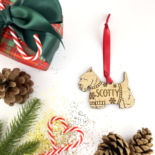 Personalised Scottie Bauble Jumper Dog Bauble - Oak Veneer Wood - Add any name