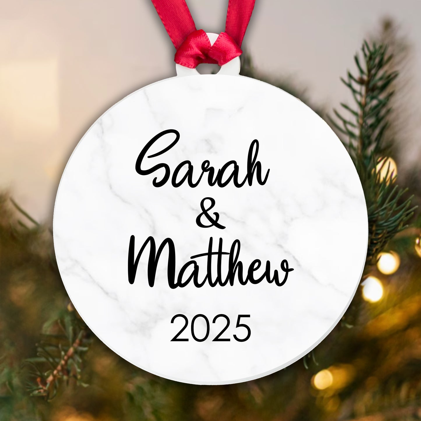Personalised Couple Marble Bauble Tree Decoration Xmas Gift Idea Secret Santa - Add Names & Year!