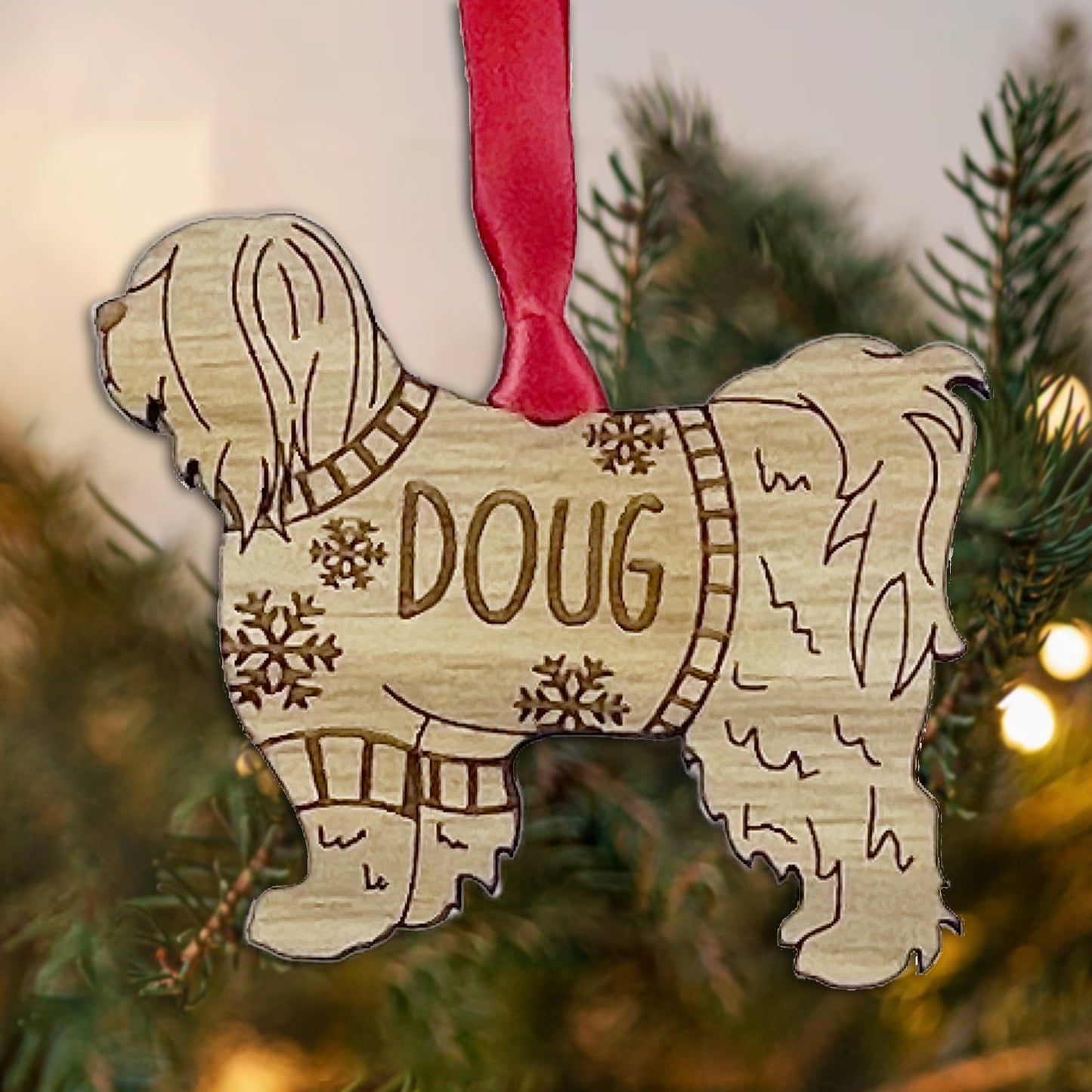 Personalised Tibetan Terrier Bauble Jumper Dog Bauble - Oak Veneer Wood - Add any name