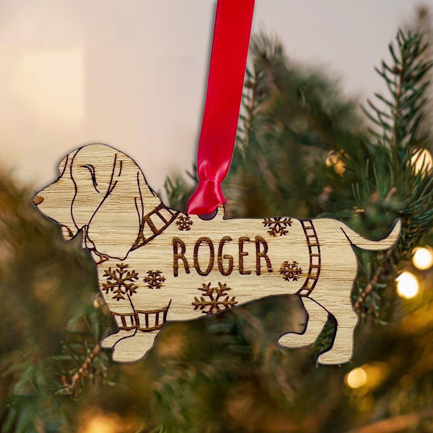 Personalised Basset Hound Bauble Jumper Dog Bauble - Oak Veneer Wood - Add any name