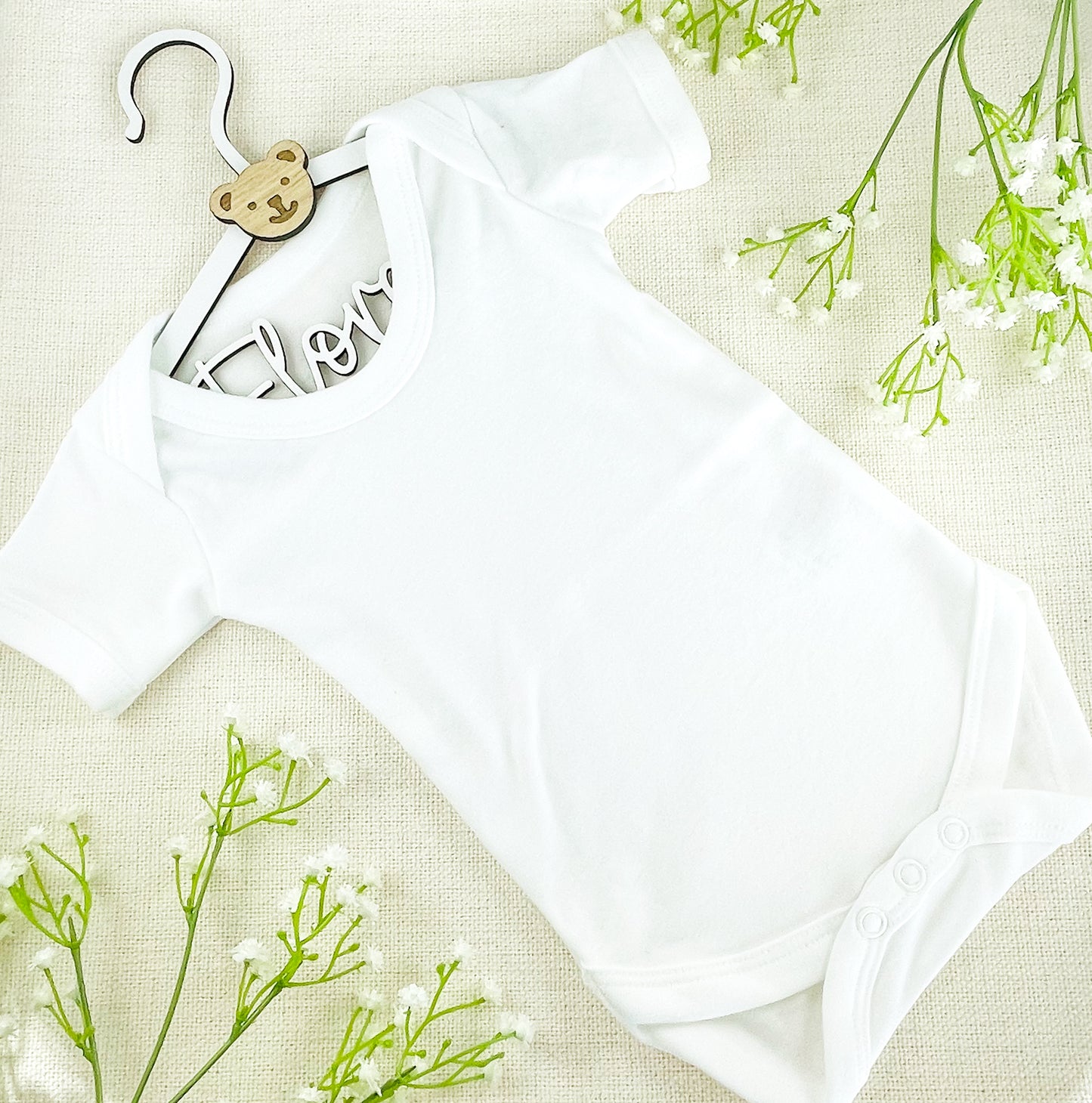 Personalised New Baby Clothes Hanger Wooden Hanger with Bear Face - White Wood