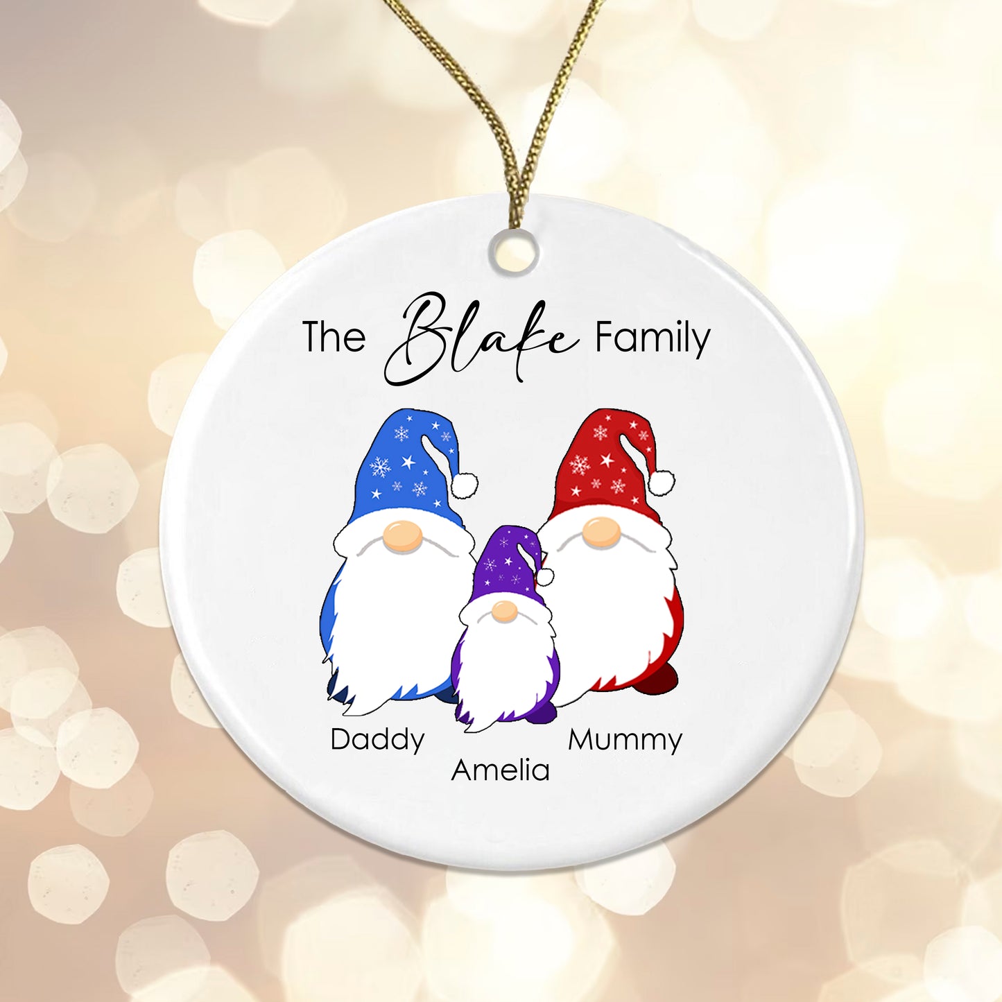 Personalised Gonk Family Christmas Bauble Ceramic - 1 Childs Name + Surname Gift Boxed