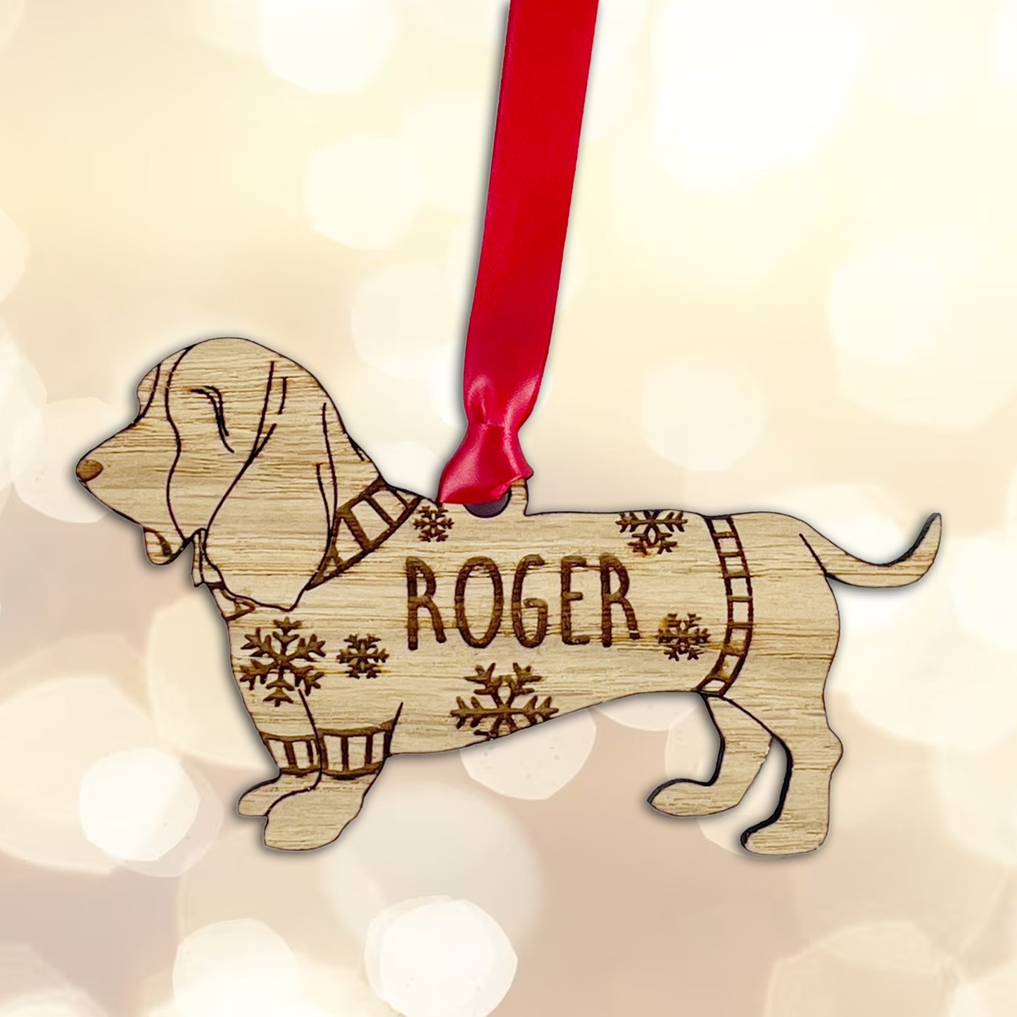 Personalised Basset Hound Bauble Jumper Dog Bauble - Oak Veneer Wood - Add any name