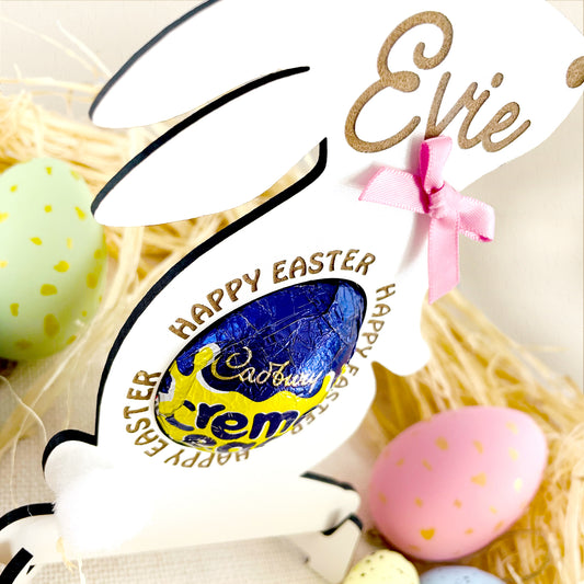 Personalised Easter Bunny White Wood Egg Holder with Easter Egg Display Stand