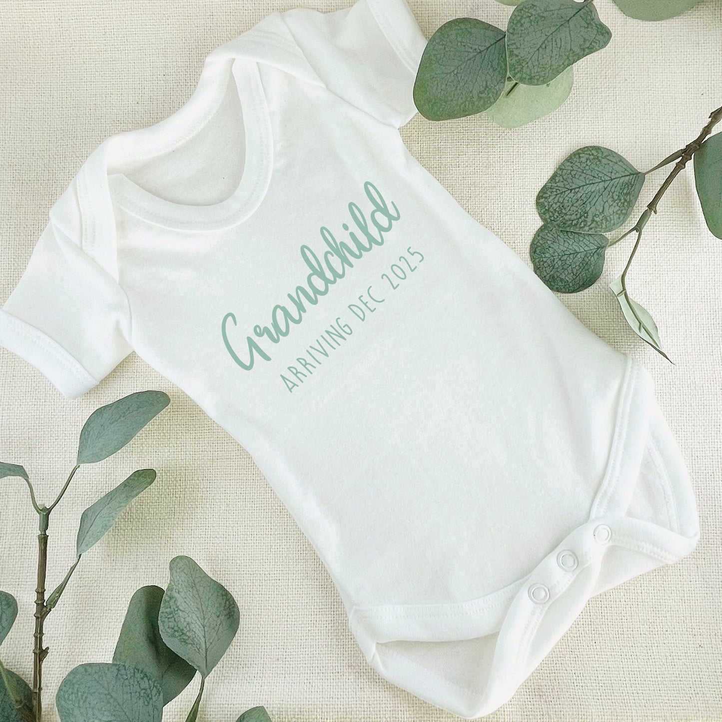 Personalised Grandchild Arriving Baby Announcement Baby Grow Vest Add any Date - Baby Shower - New Baby