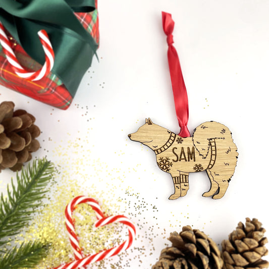 Personalised Samoyed Bauble Jumper Dog Bauble - Oak Veneer Wood - Add any name