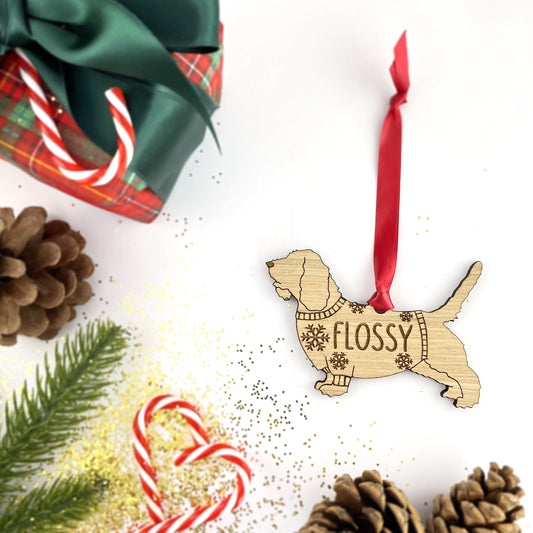 Personalised Petit Basset Griffon Vendeen Bauble Jumper Dog Bauble - Oak Veneer Wood - Add any name