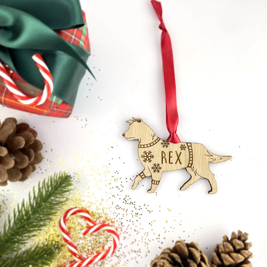 Personalised Border Collie Bauble Jumper Dog Bauble - Oak Veneer Wood - Add any name
