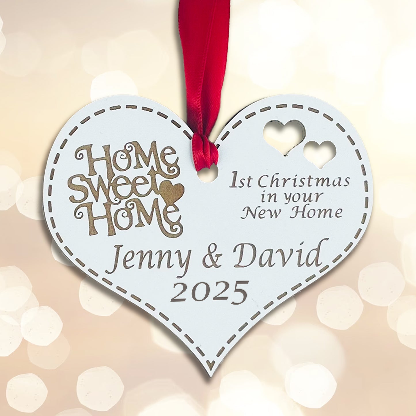 Personalised Wooden First Christmas in New Home Heart - Add your names and year