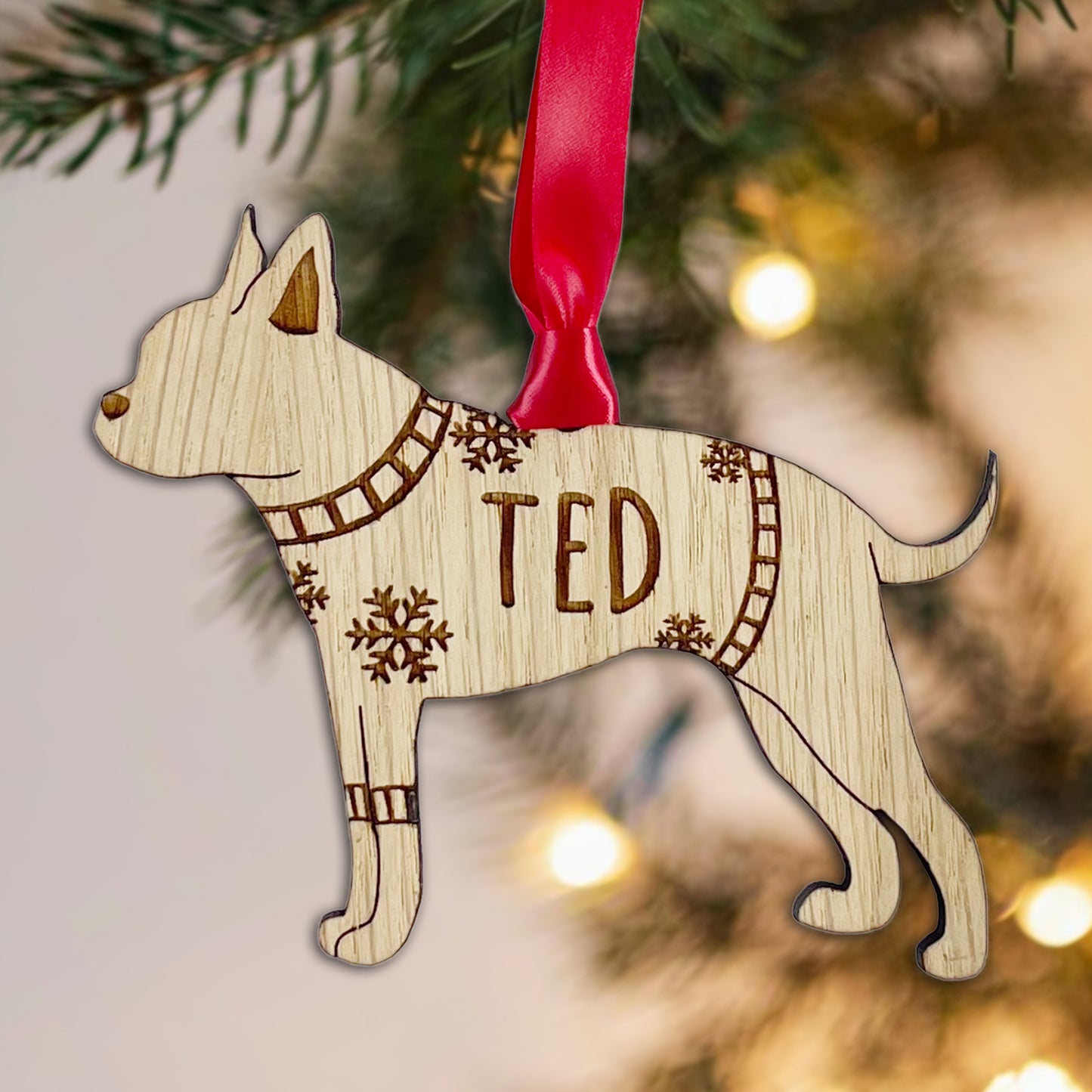 Personalised Boston Terrier Bauble Jumper Dog Bauble - Oak Veneer Wood - Add any name