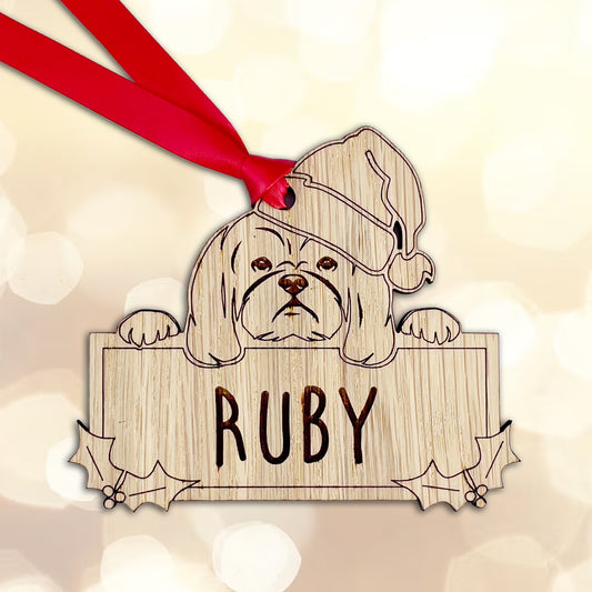 Personalised Shih Tzu Dog Bauble - Peeking Dog - Oak Veneer Wood - Add your own name!