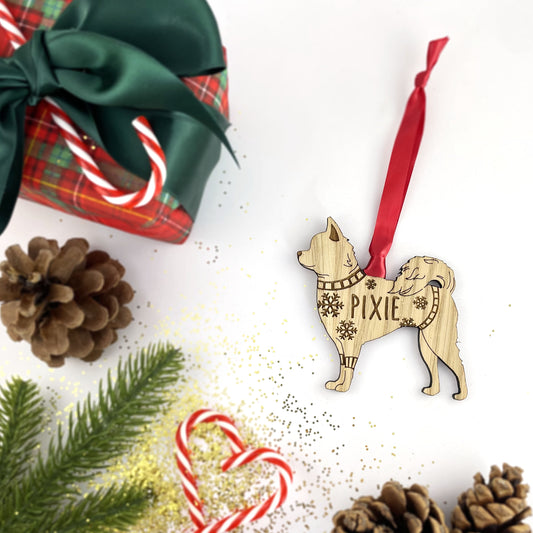 Personalised Chihuahua Bauble Jumper Dog Bauble - Oak Veneer Wood - Add any name
