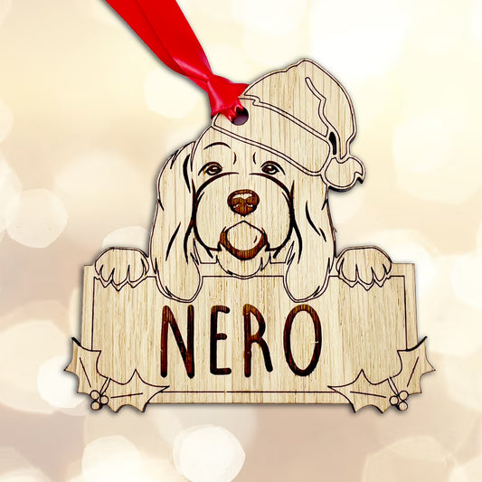 Personalised Cockapoo Dog Bauble - Peeking Dog - Oak Veneer Wood - Add your own name!