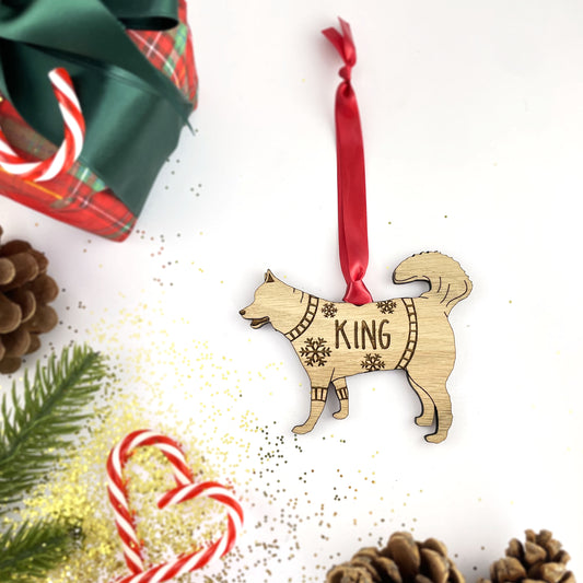 Personalised Husky Bauble Jumper Dog Bauble - Oak Veneer Wood - Add any name