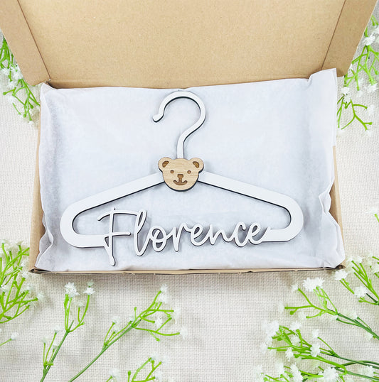 Personalised New Baby Clothes Hanger Wooden Hanger with Bear Face - White Wood