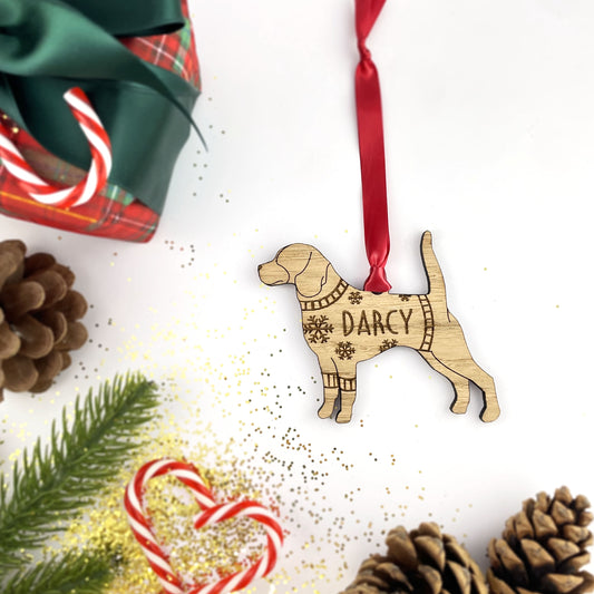 Personalised Beagle Bauble Jumper Dog Bauble - Oak Veneer Wood - Add any name