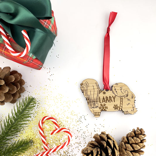 Personalised Lhasa Apso Bauble Jumper Dog Bauble - Oak Veneer Wood - Add any name