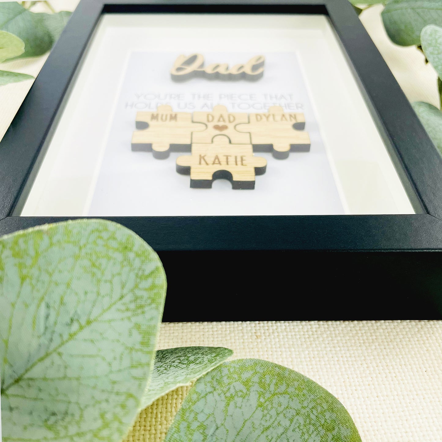 Personalised Dad Wooden 'You're the Piece That Holds Us Together' Father's Day Puzzle Pieces Family Box Frame - Add your family names