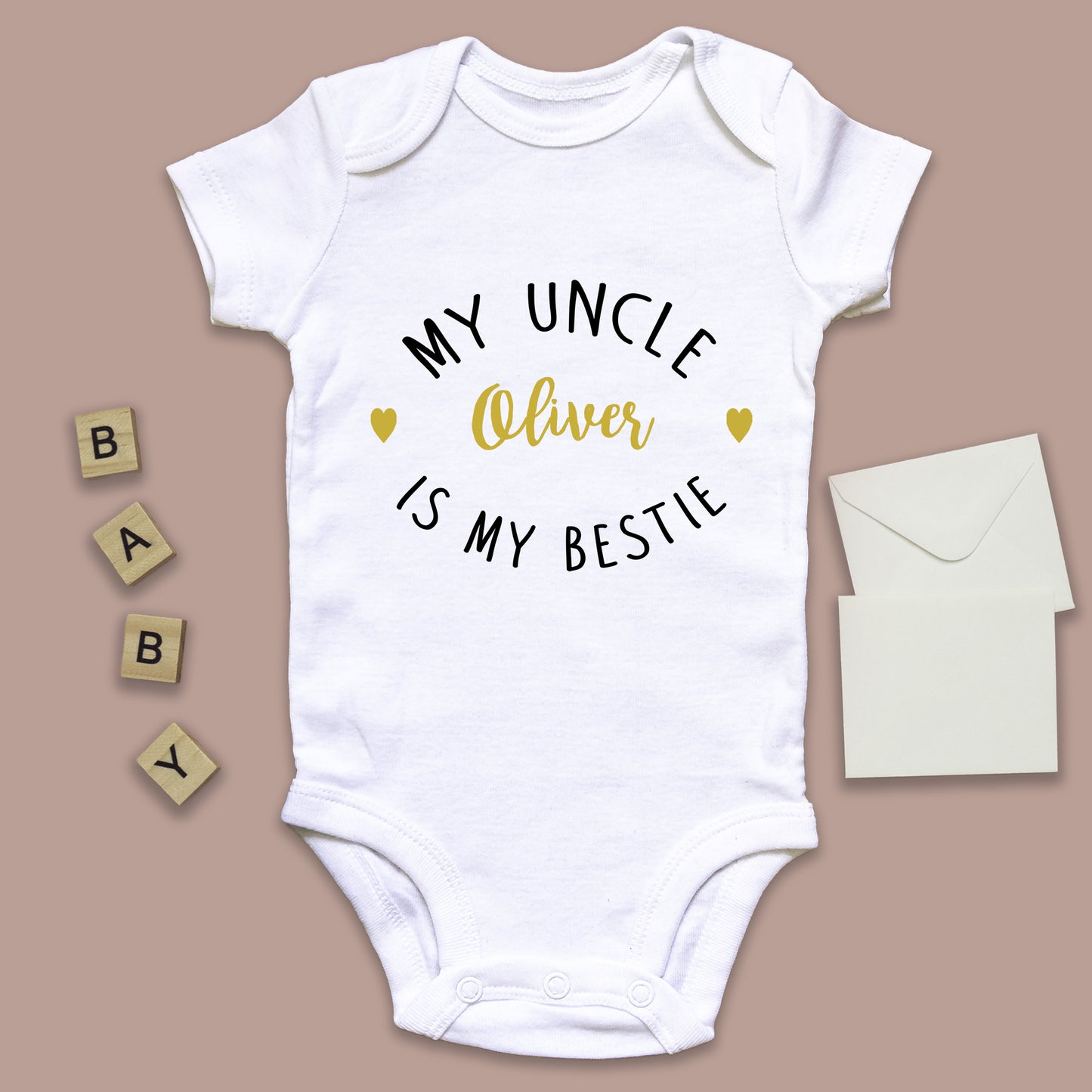 Personalised My Uncle is My Bestie Baby Grow Vest - Gold Text - New Baby - Baby Announcement