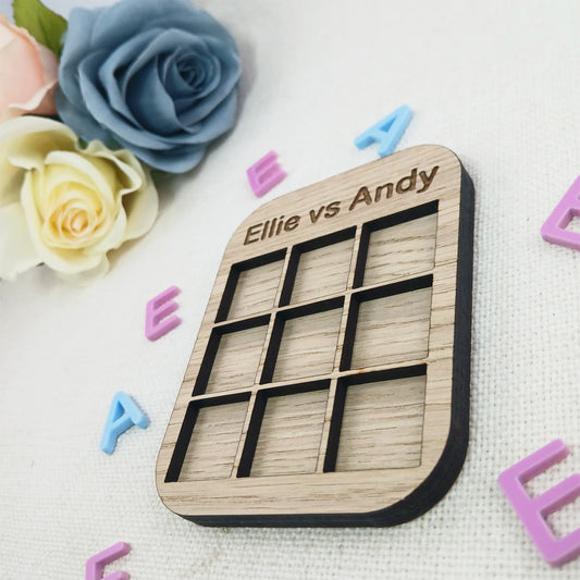 Personalised Initials Tic Tac Toe Style Mini Board Game - Valentine's Day Blue and Pink - Oak Wood and Acrylic - Anniversary - Birthday