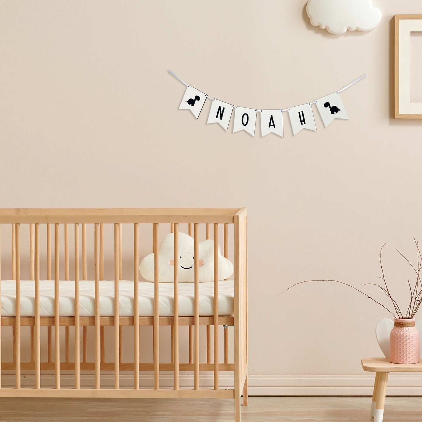 Personalised White Wood Name Bunting with Dinosaurs - Nursery or Child's Room Decor - Add any Name!