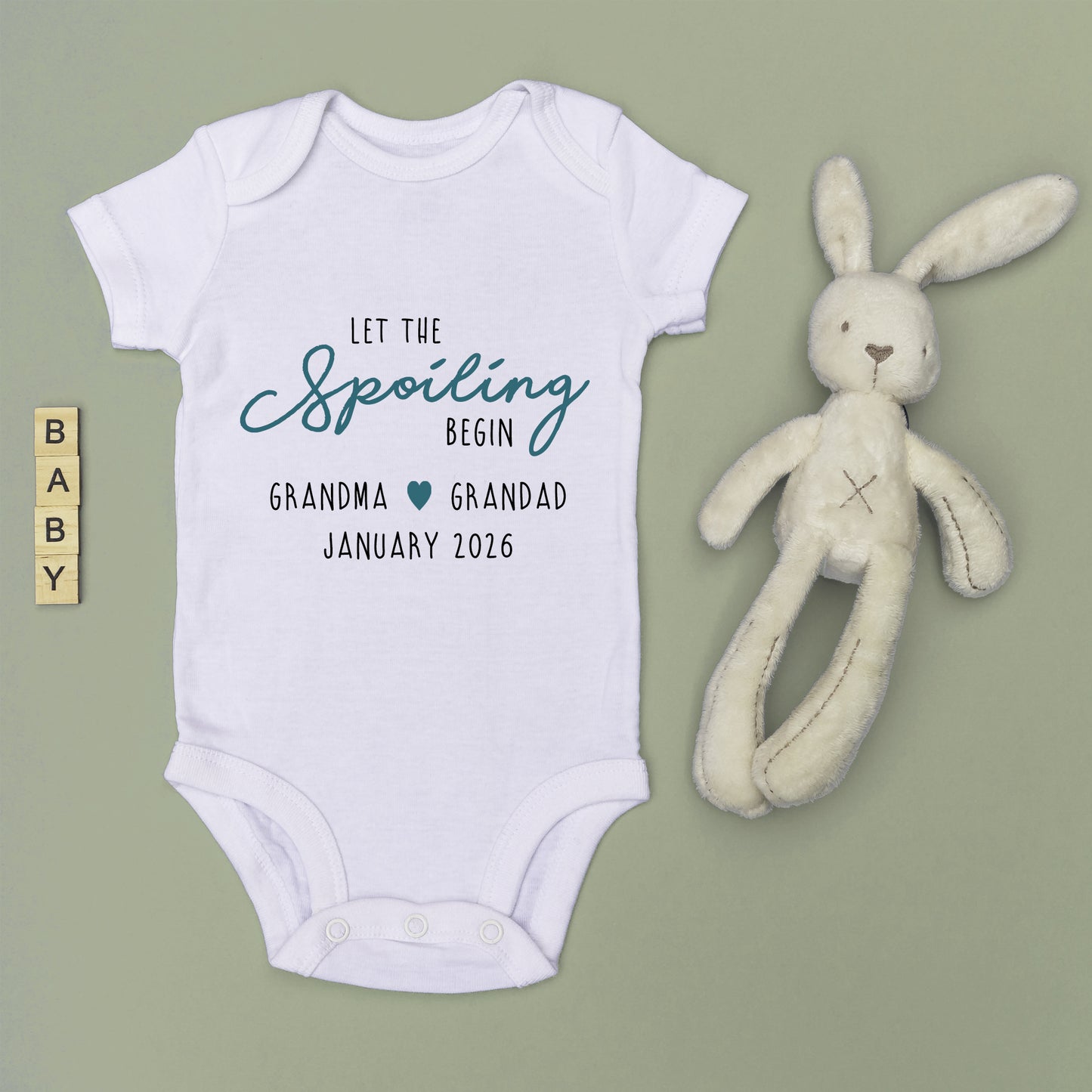 Personalised 'Let The Spoiling Begin' Baby Announcement Baby Grow Vest Add any Name and Date - First Outfit - Baby Shower - New Baby
