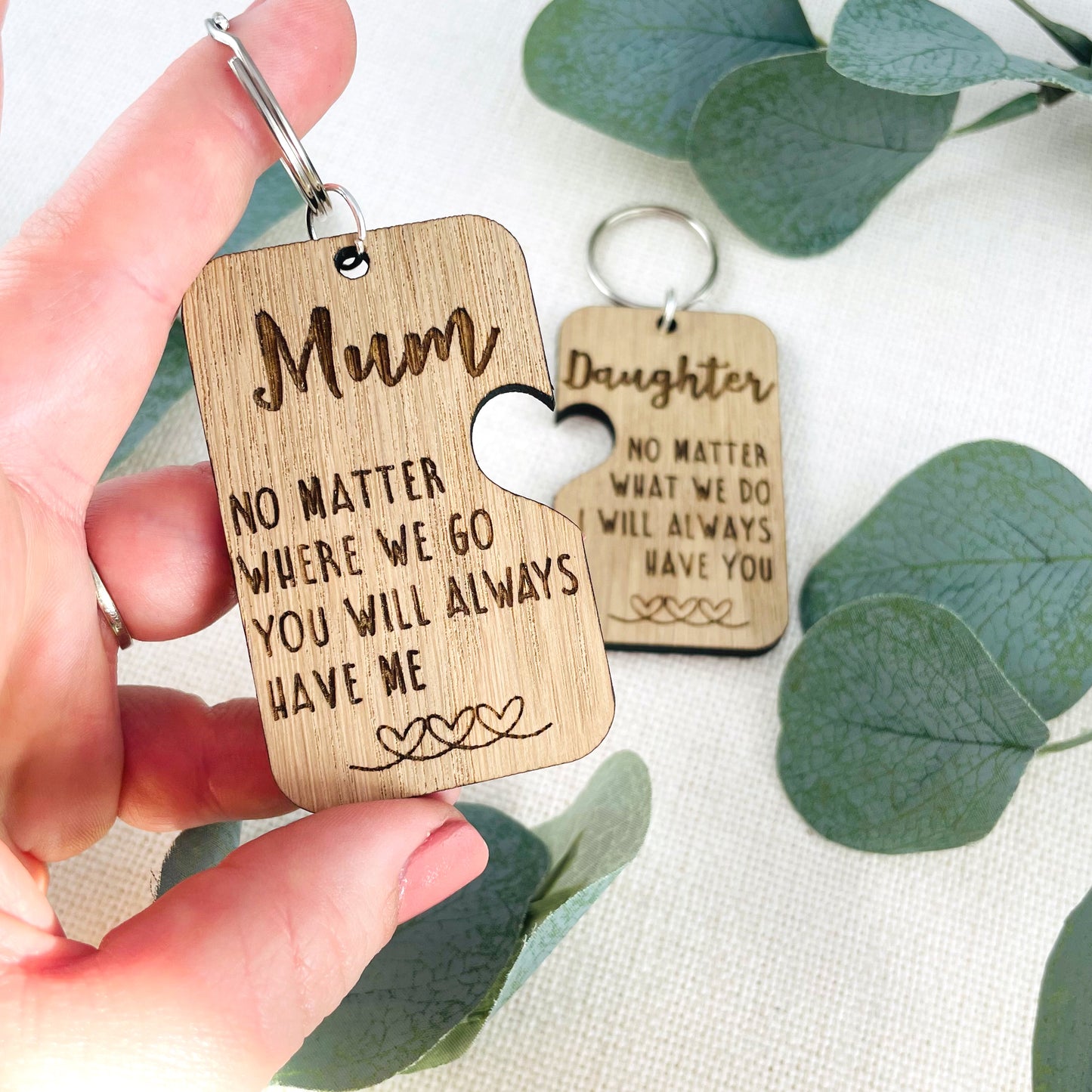 Mum & Daughter Keyring Wooden Oak Veneer - Heart Cut Out - Mothers Day Gift