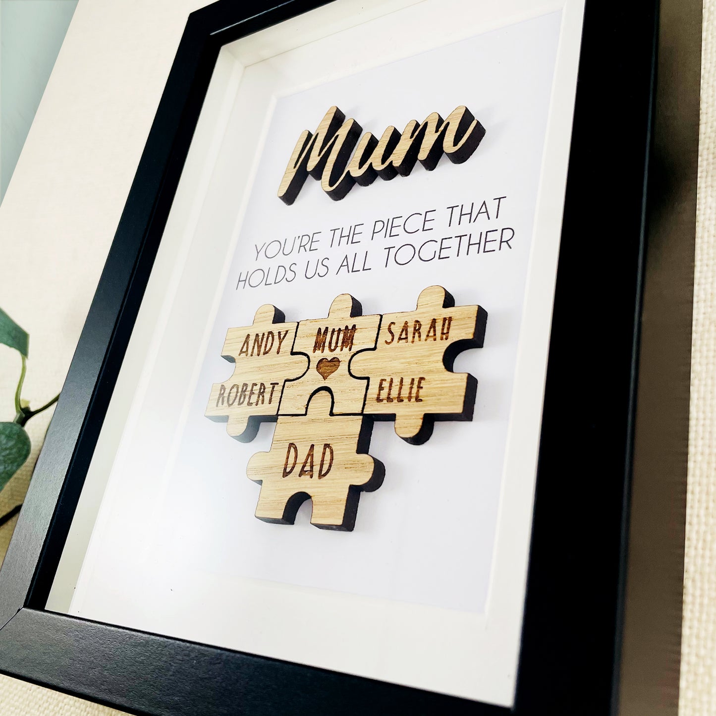 Personalised Mum Wooden 'You're the Piece That Holds Us Together' Mothers Day Puzzle Pieces Family Box Frame - Add your family names