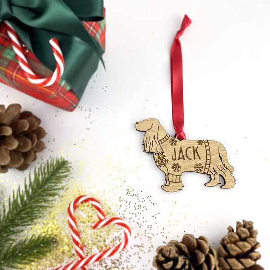 Personalised Cocker Spaniel Bauble Jumper Dog Bauble - Oak Veneer Wood - Add any name