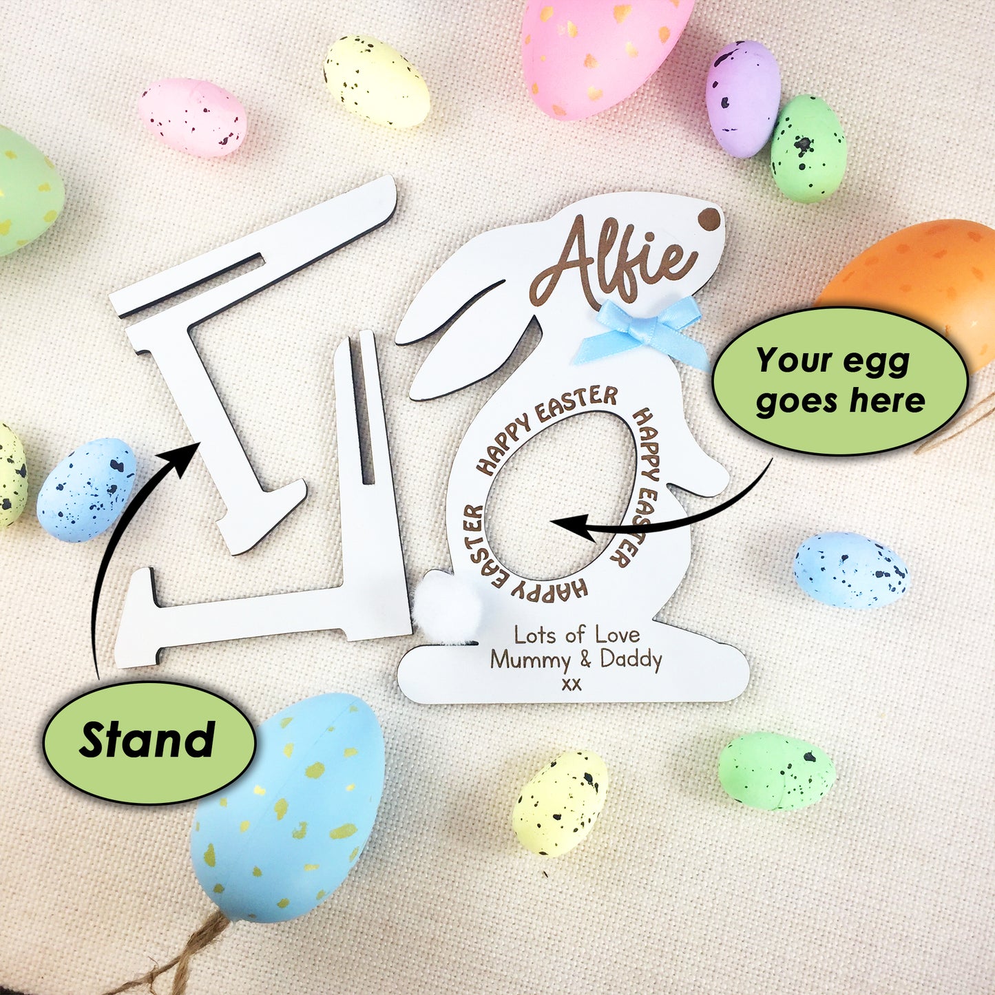 Personalised Easter Bunny White Wood Egg Holder with Easter Egg Display Stand