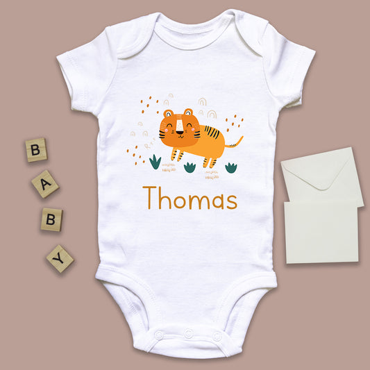Personalised Tiger Baby Announcement Baby Grow Vest Add any Name First Outfit - Baby Shower - New Baby