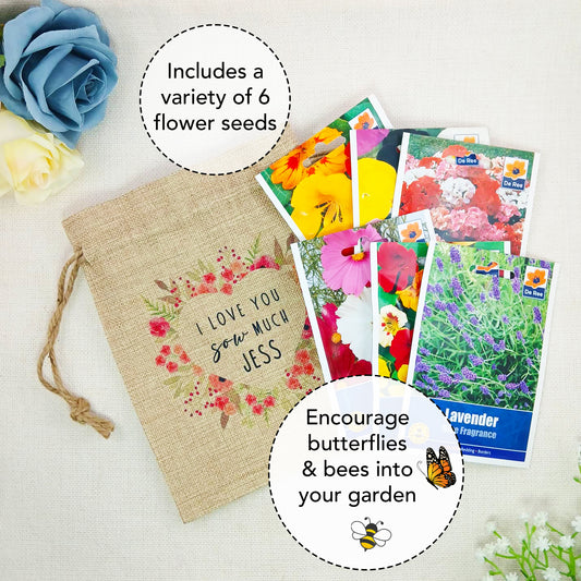 Personalised Flower Seed Bag I Love You Sow Much Name – Gardening Gift for Valentine’s Day, Birthday or Mother’s Day
