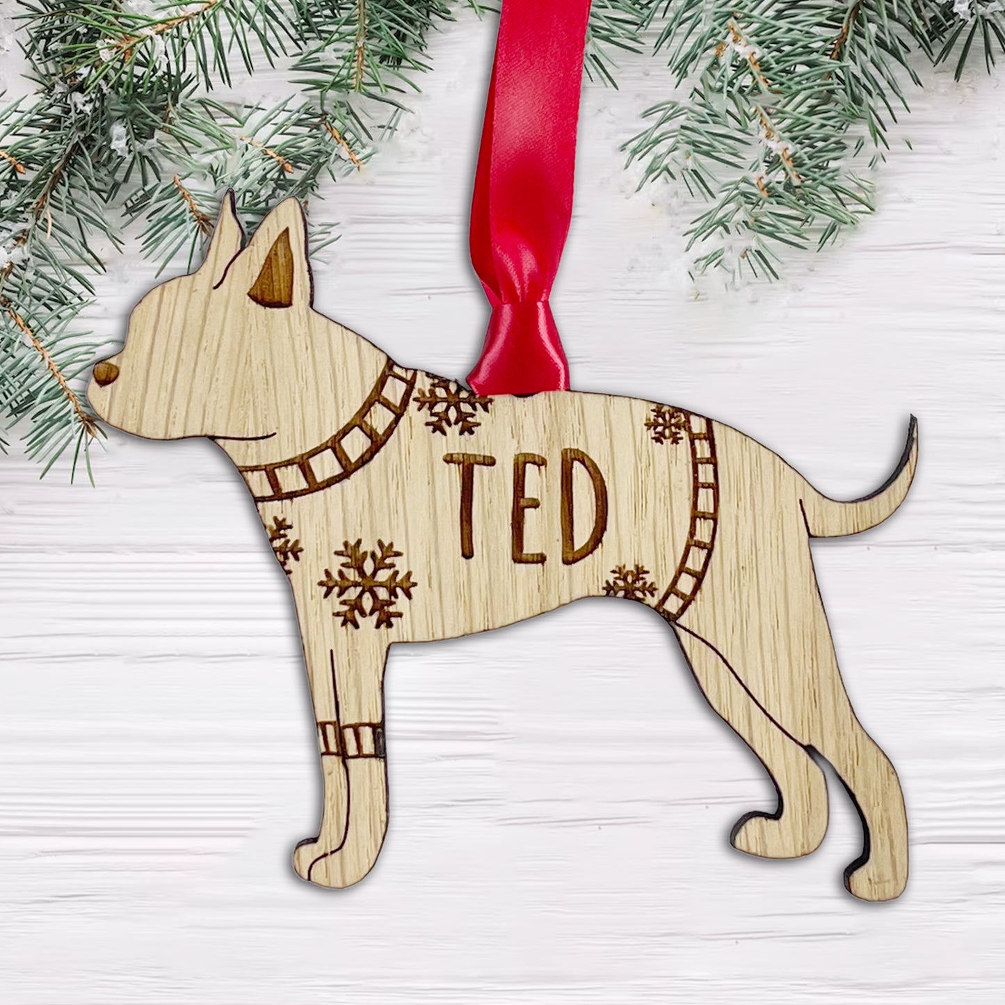 Personalised Boston Terrier Bauble Jumper Dog Bauble - Oak Veneer Wood - Add any name