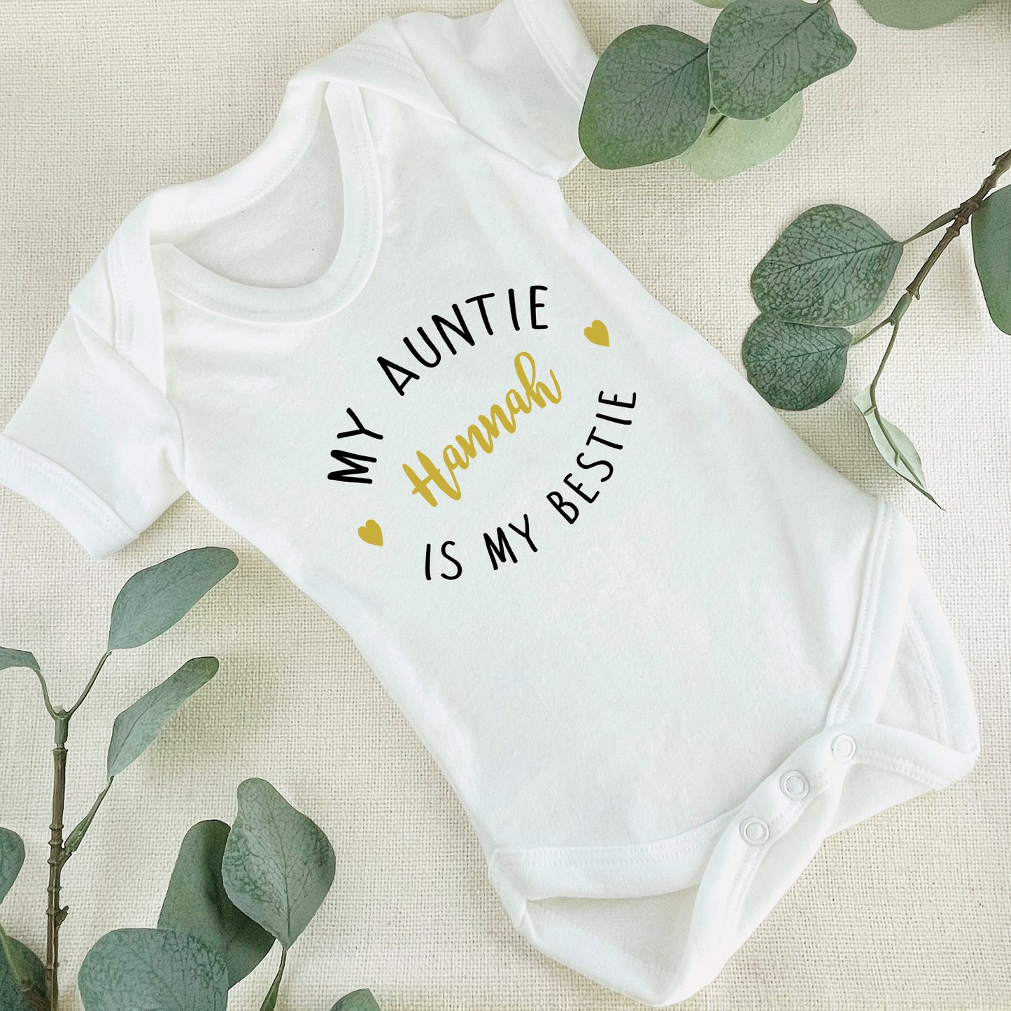 Personalised My Auntie is My Bestie Baby Grow Vest - Gold Text - New Baby - Baby Announcement