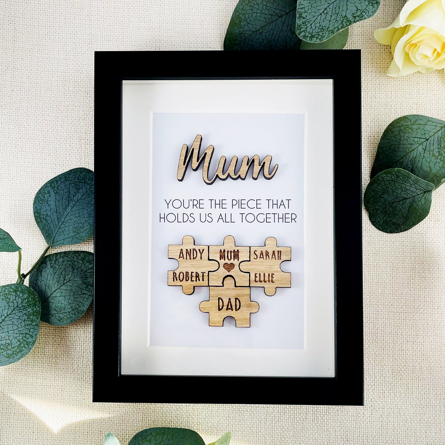 Personalised Mum Wooden 'You're the Piece That Holds Us Together' Mothers Day Puzzle Pieces Family Box Frame - Add your family names