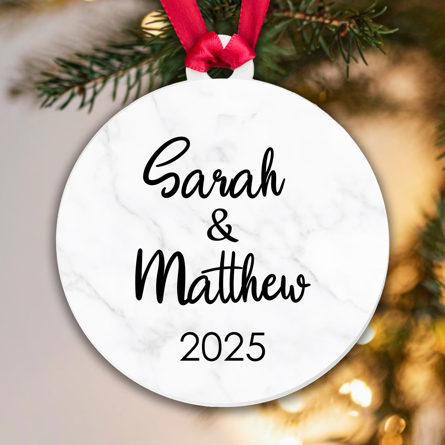 Personalised Couple Marble Bauble Tree Decoration Xmas Gift Idea Secret Santa - Add Names & Year!
