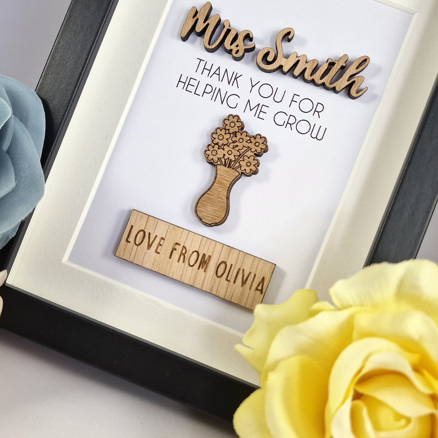 Personalised Teacher Thank You Frame, Wooden Box Frame with Custom Names, Thank You For Helping Me Grow, End of School Teacher's Day
