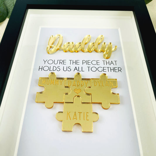 Personalised Dad Gold 'You're the Piece That Holds Us Together' Father's Day Puzzle Pieces Family Box Frame
