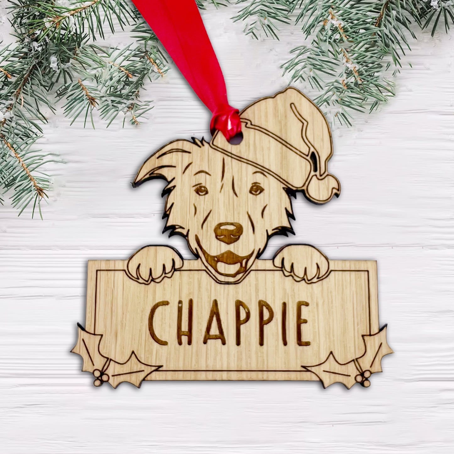 Personalised Border Collie Dog Bauble - Peeking Dog - Oak Veneer Wood - Add your own name!