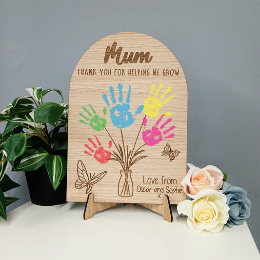 Personalised Mum Handprint Plaque, Thank You For Helping Me Grow Wooden Gift, Mother’s Day Present from Kids, Mum Birthday Keepsake Sign