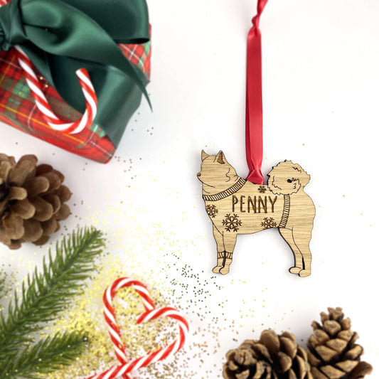 Personalised Finnish Spitz Bauble Jumper Dog Bauble - Oak Veneer Wood - Add any name