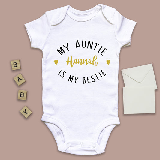 Personalised My Auntie is My Bestie Baby Grow Vest - Gold Text - New Baby - Baby Announcement