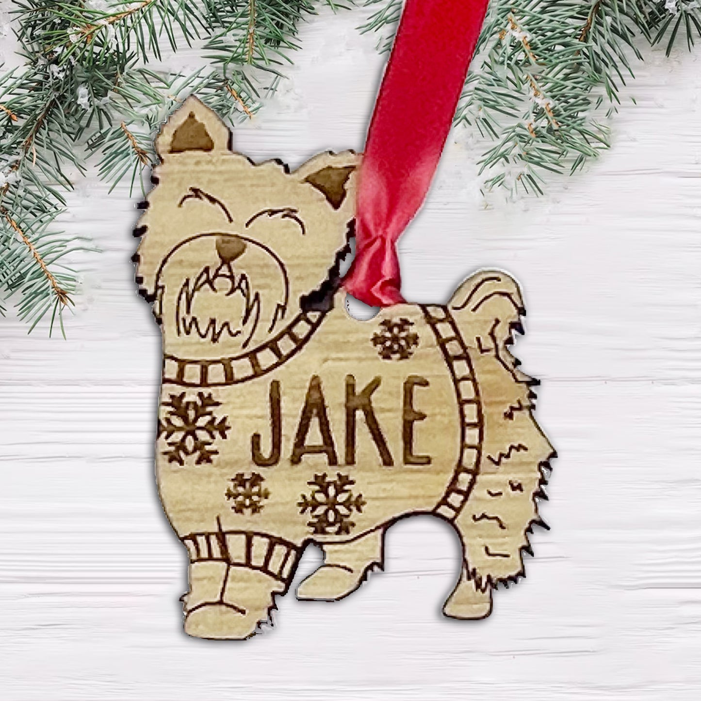 Personalised Yorkshire Terrier Bauble Jumper Dog Bauble - Oak Veneer Wood - Add any name
