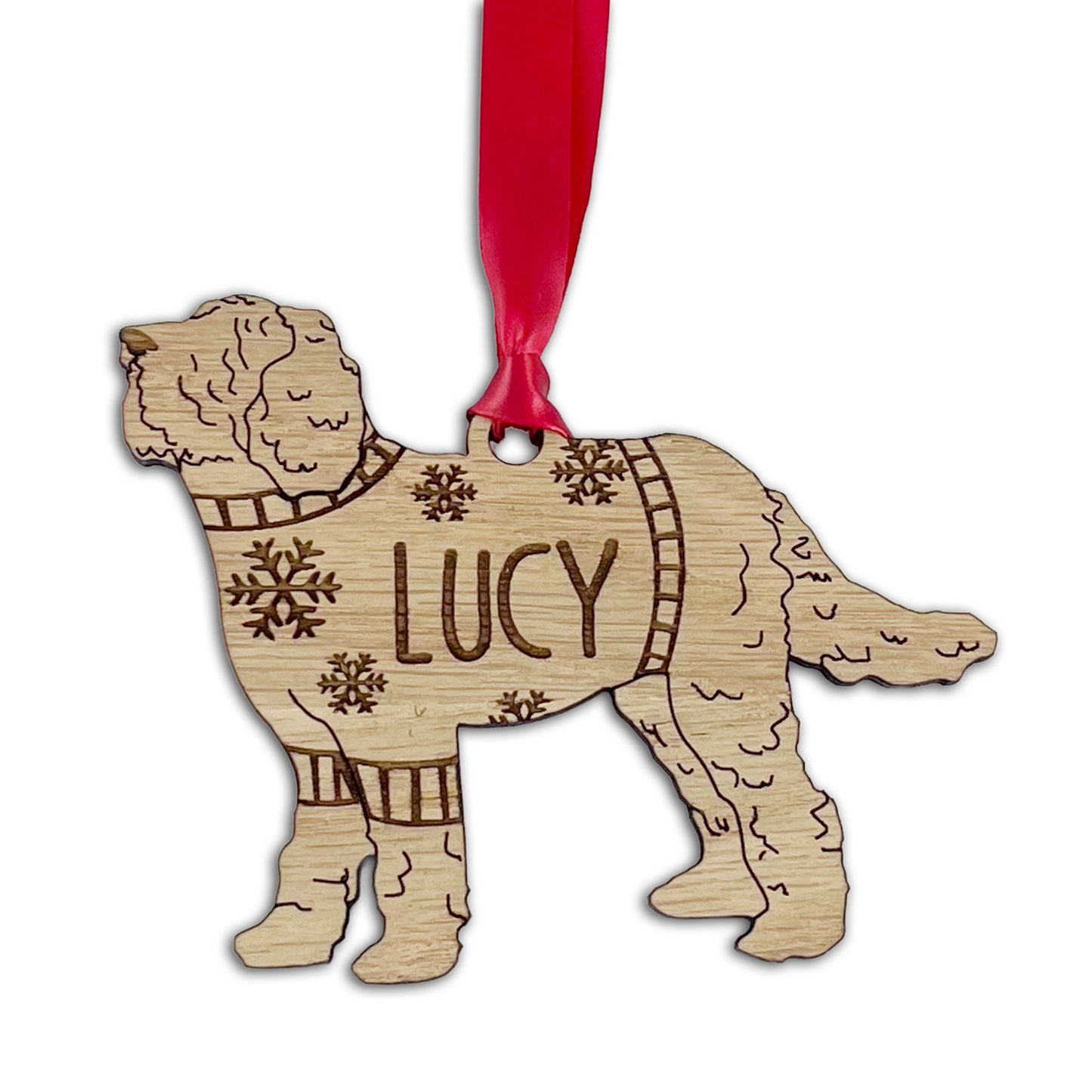Personalised Laradoodle Bauble Jumper Dog Bauble - Oak Veneer Wood - Add any name