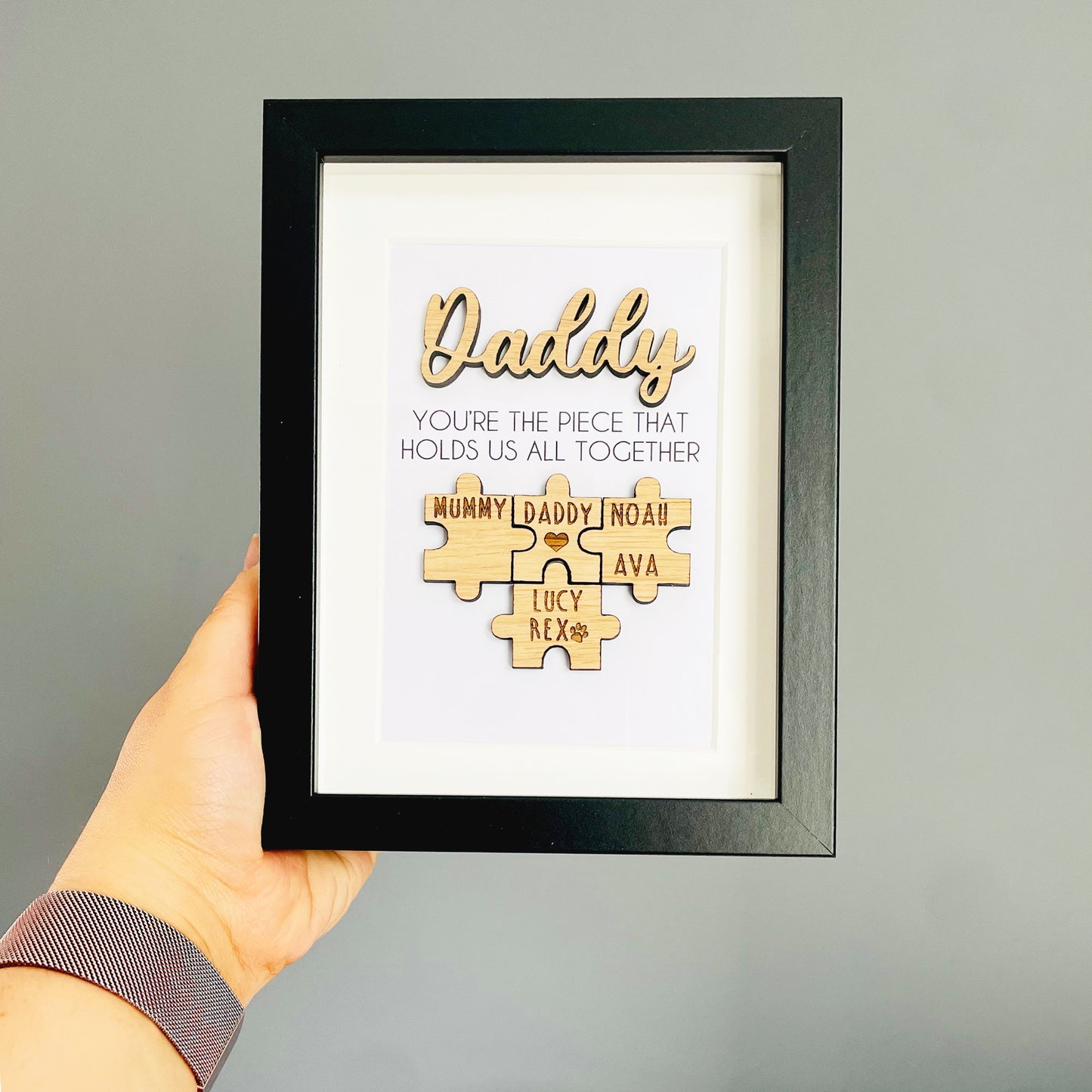 Personalised Dad Wooden 'You're the Piece That Holds Us Together' Father's Day Puzzle Pieces Family Box Frame - Add your family names