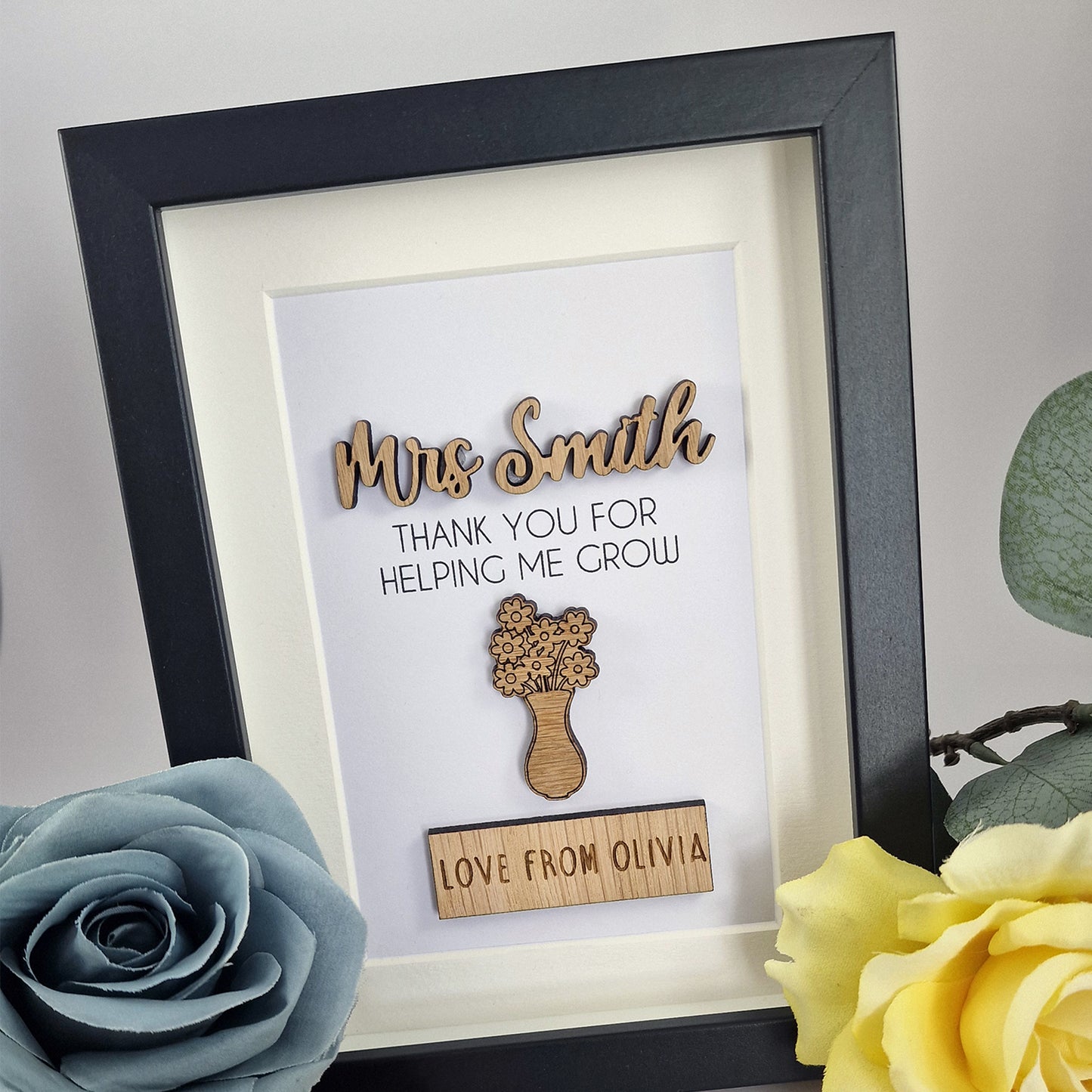 Personalised Teacher Thank You Frame, Wooden Box Frame with Custom Names, Thank You For Helping Me Grow, End of School Teacher's Day