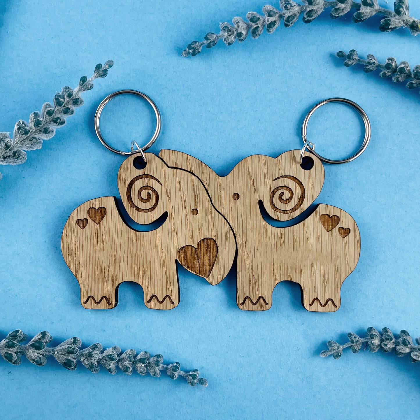 Personalised Elephant Keyrings - Add Names - Set of 2 - Valentines, Birthday, Anniversary